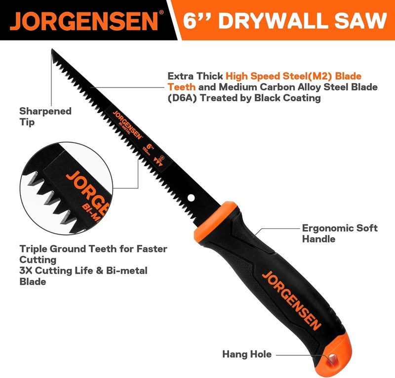 Jorgensen Drywall Saw, 6-inch Jab & Keyhole Saw with Ergonomic Handle,Triple Ground Teeth, Faster Cutting Drywall Cutting Tool with 8-TPI Bi-metal Blade - Image 3